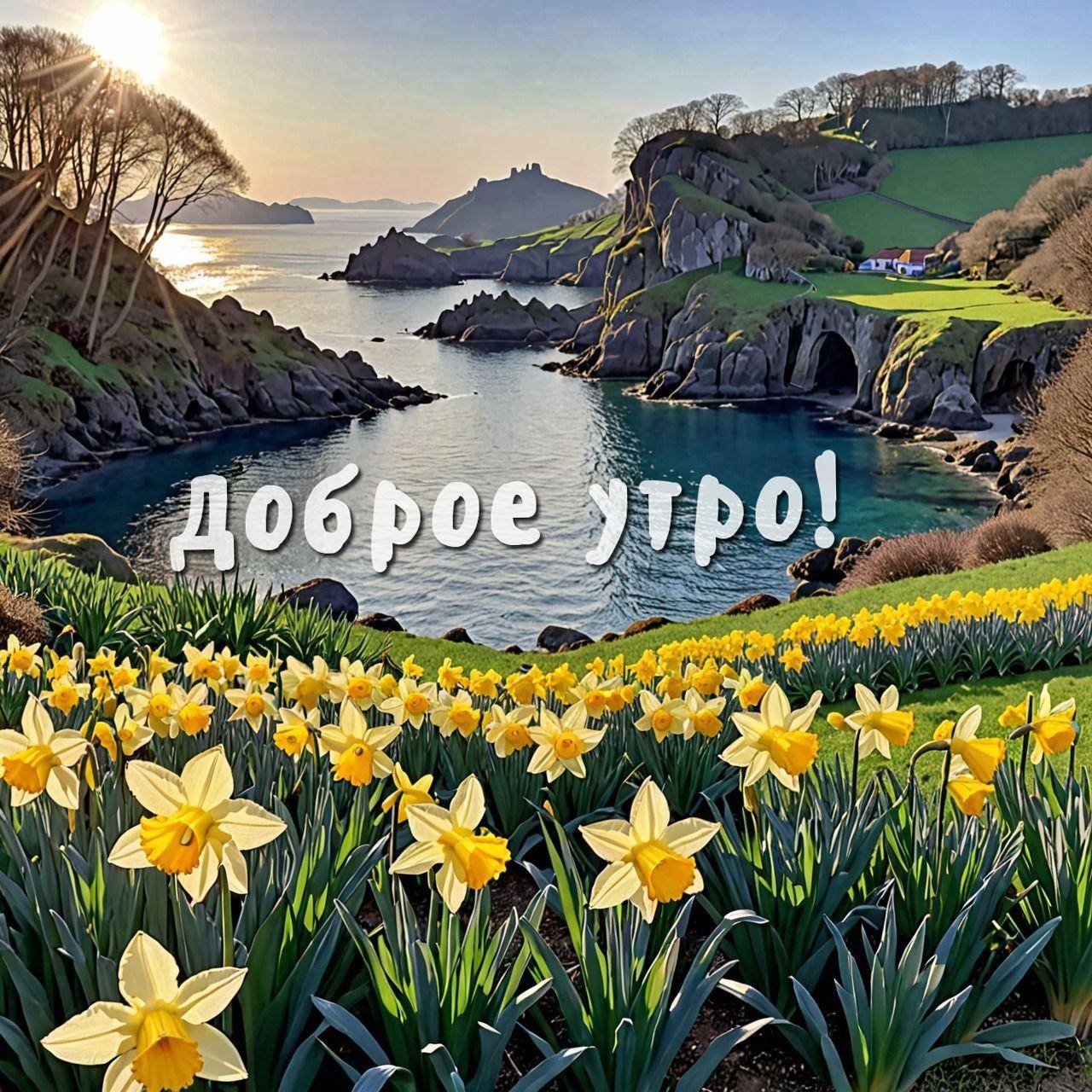 Утро, жёлтые нарциссы на переднем плане, вид на море