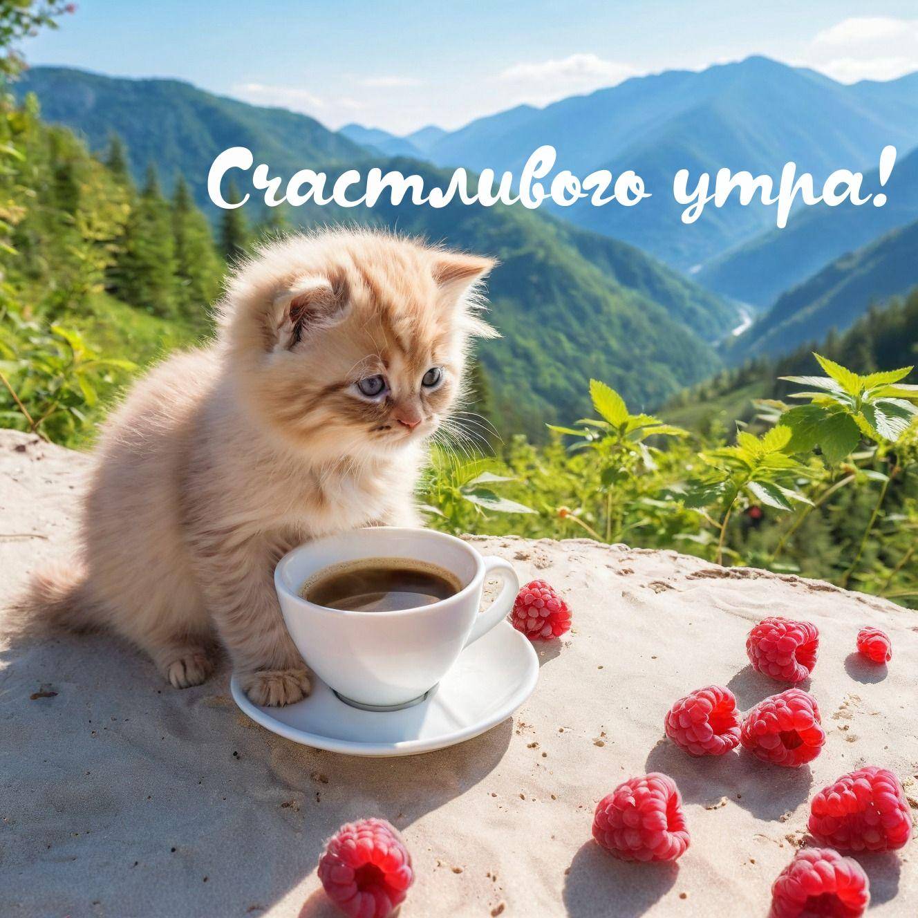 Утро, alt,Милый рыжий котенок рядом с чашкой кофе