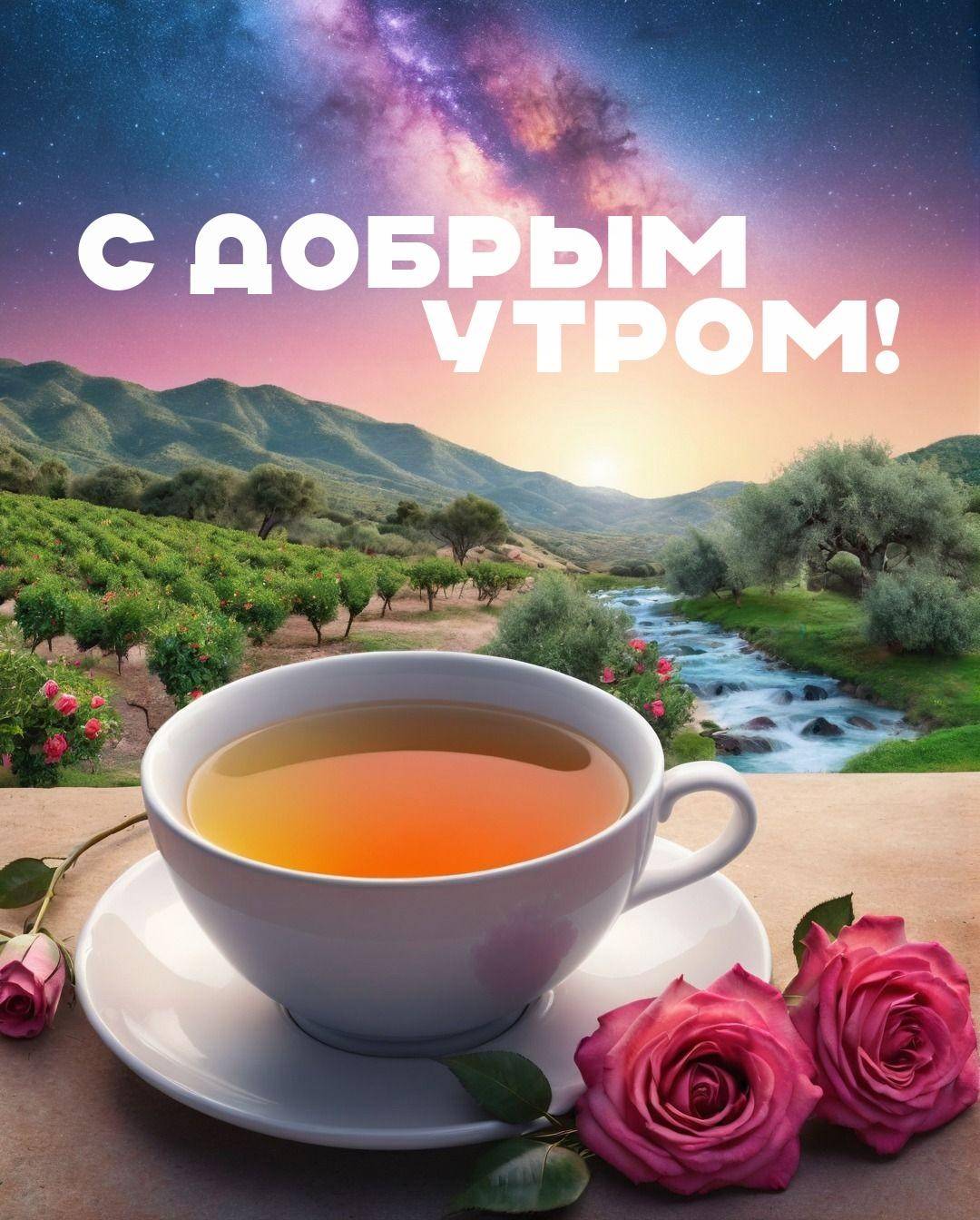 Утро, белая чашка с чаем, розы и пейзаж