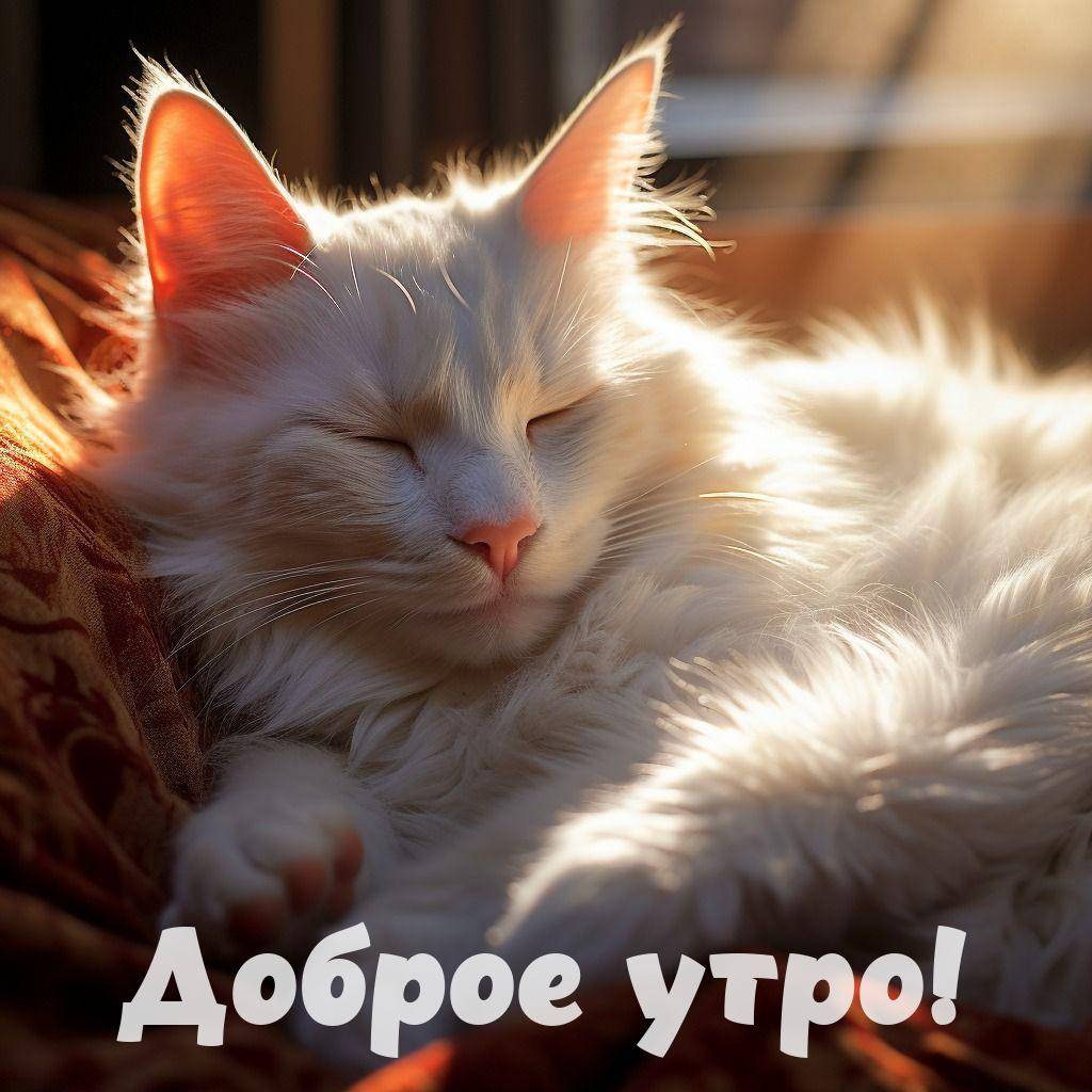 Утро, белая пушистая кошка спит на мягкой поверхности