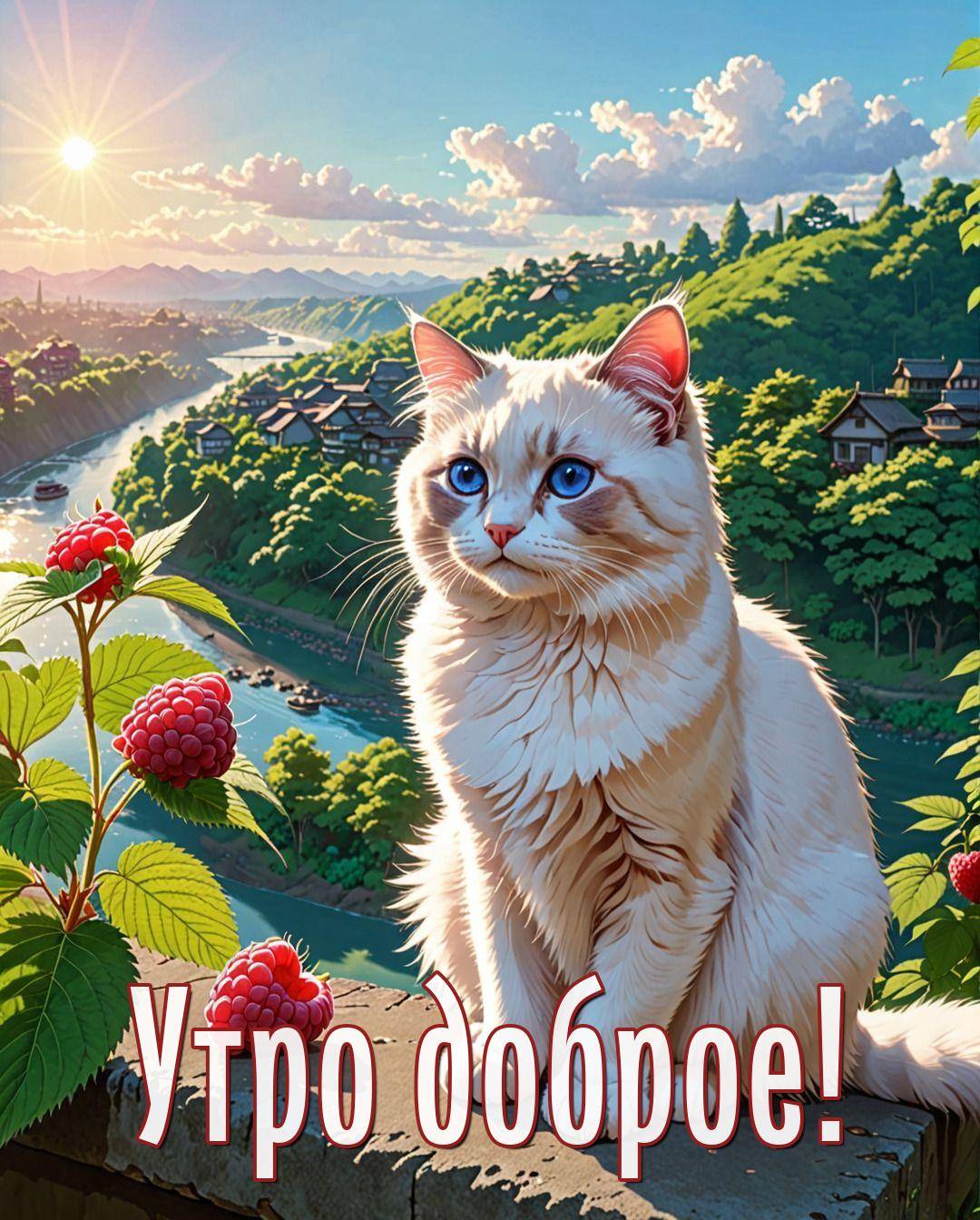 Утро, белый кот на стене, малина и пейзаж