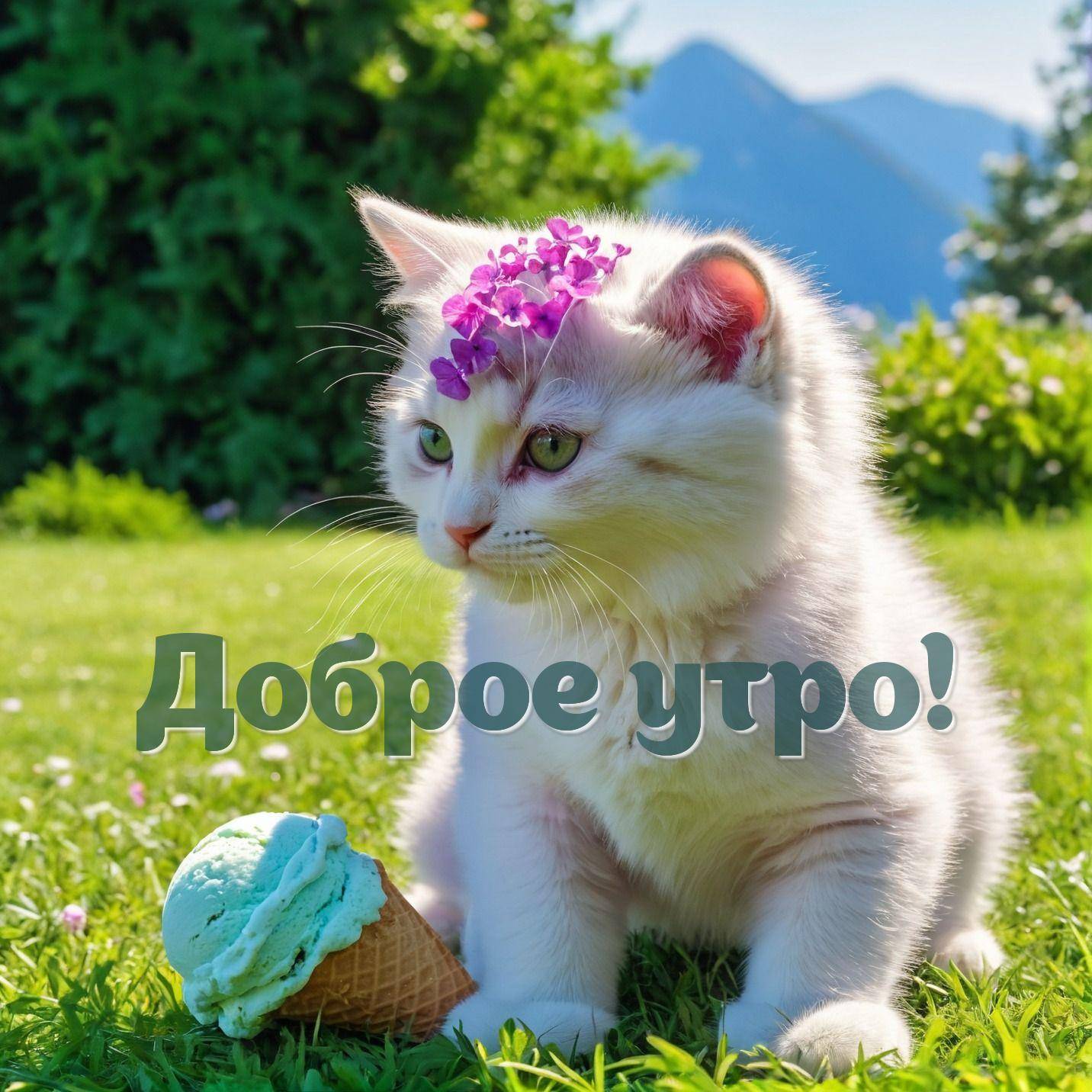 Утро, белый котенок с зелёными глазами и фиолетовыми цветами на голове
