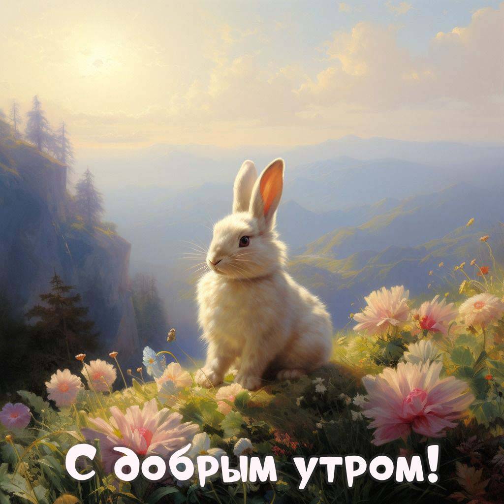 Утро, белый кролик на поляне с цветами. Восход солнца.