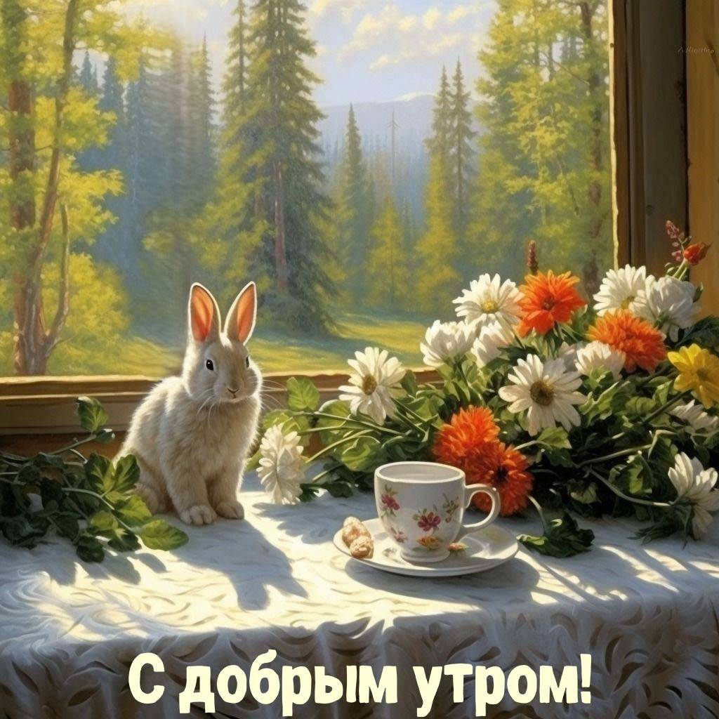 Утро, белый кролик на столе с чашкой и цветами