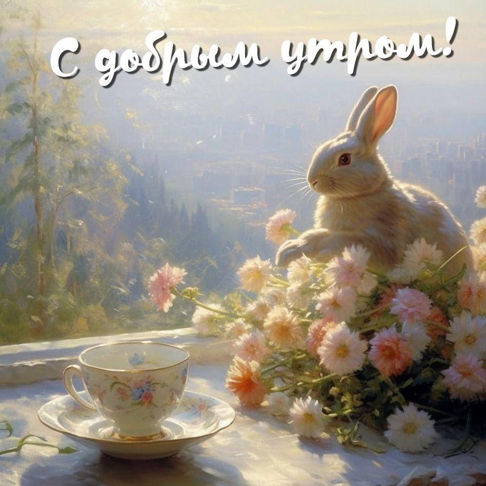 Утро, белый кролик среди цветов и чашка на фоне города