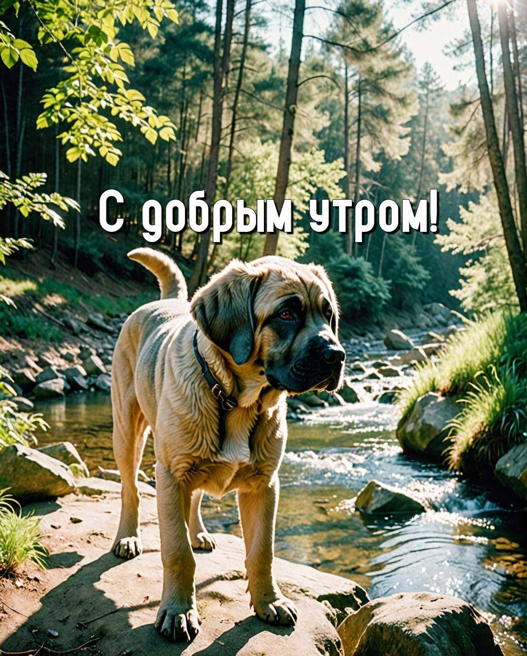 Утро, большая светло-коричневая собака у каменистого ручья в лесу
