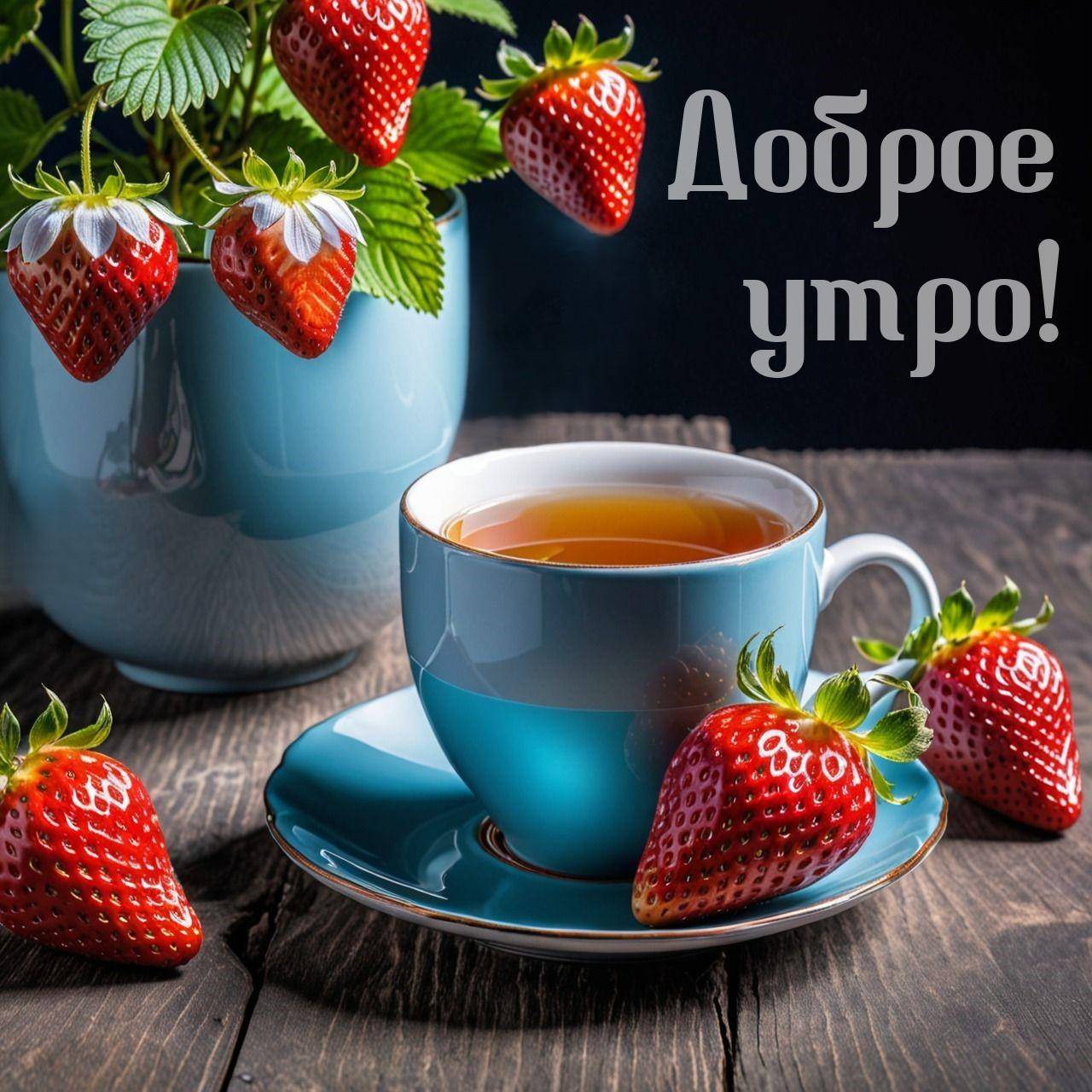 Утро, чай и клубника на деревянной поверхности