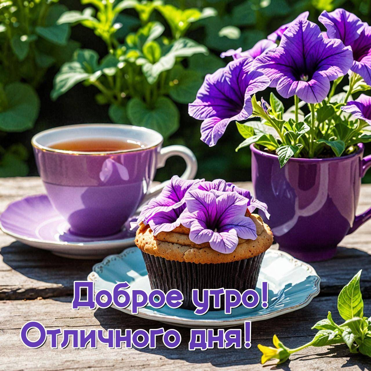 Утро, чашка чая и кекс с цветами на тарелке