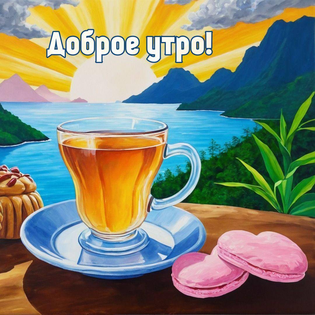 Утро, чашка чая и макароны на фоне пейзажа