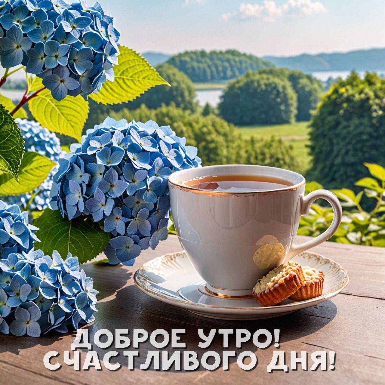 Утро, чашка чая и печеньки на летнем фоне