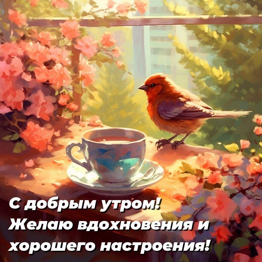 Утро, чашка чая и птица на подоконнике в солнечный день