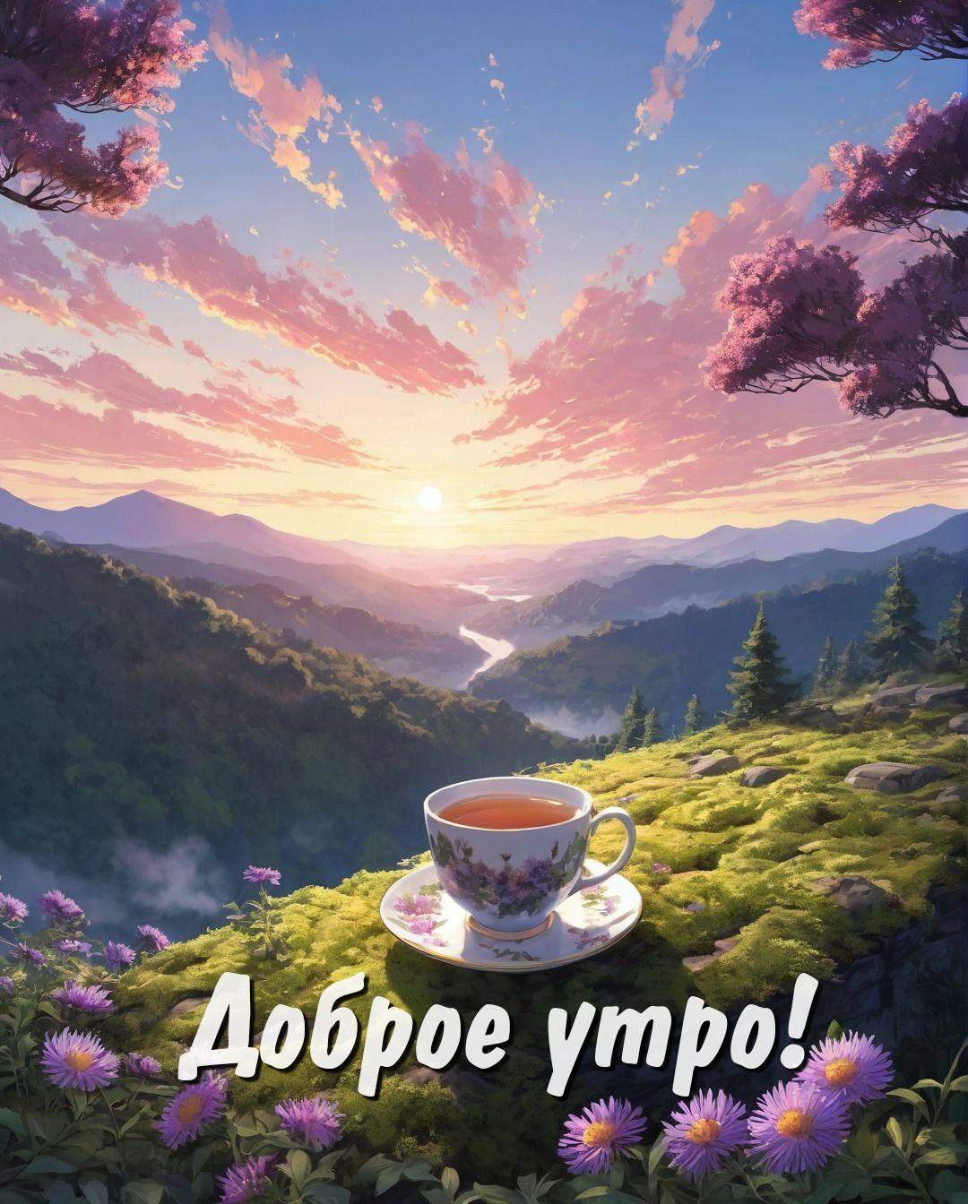 Утро, чашка чая на камне, горы и восход солнца