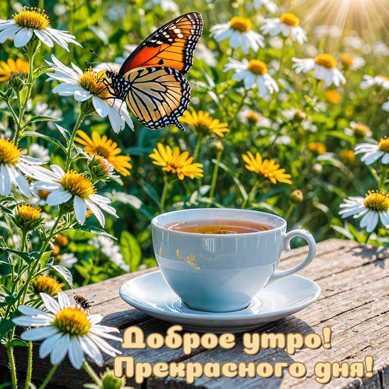 Утро, чашка чая на столе, бабочка на ромашке