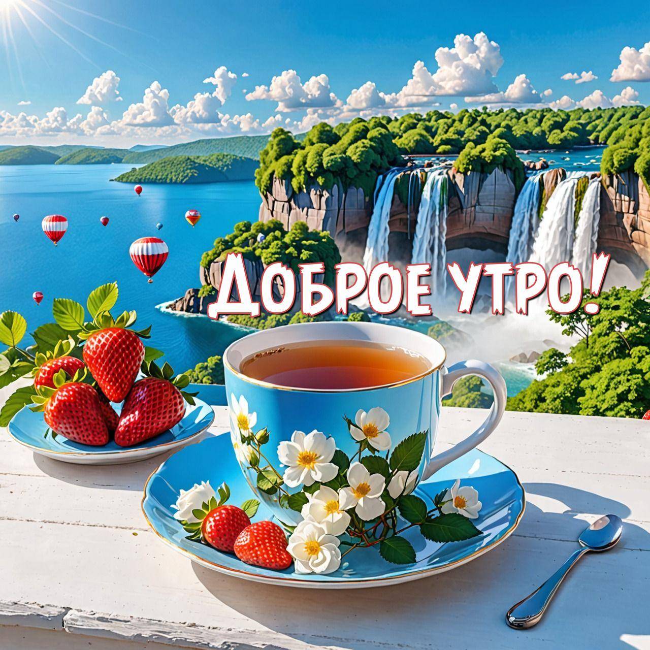 Утро, чашка чая с клубникой, водопады и воздушные шары