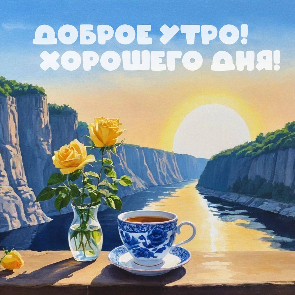Утро, чашка чая с синим орнаментом у реки