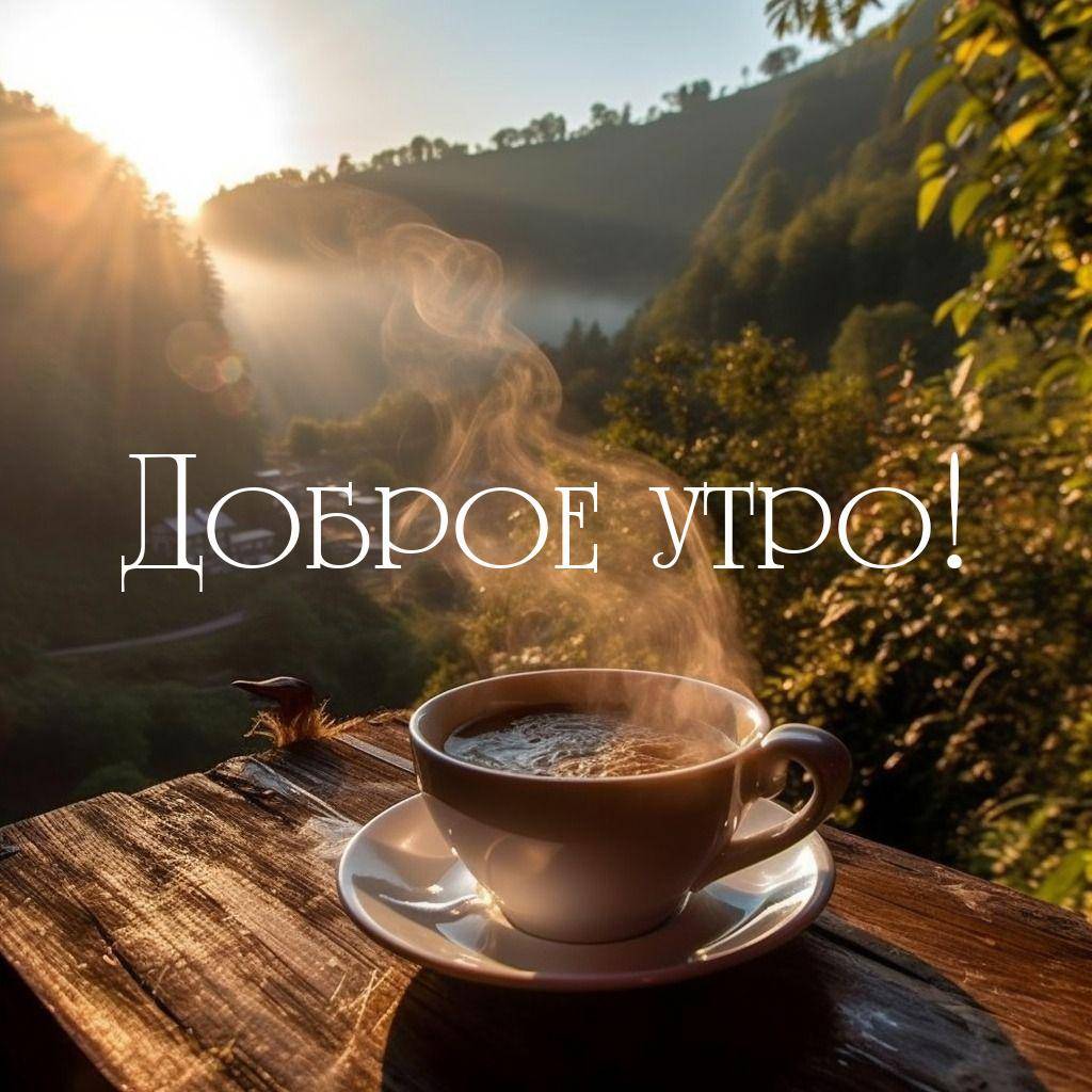 Утро, чашка горячего напитка и пейзаж