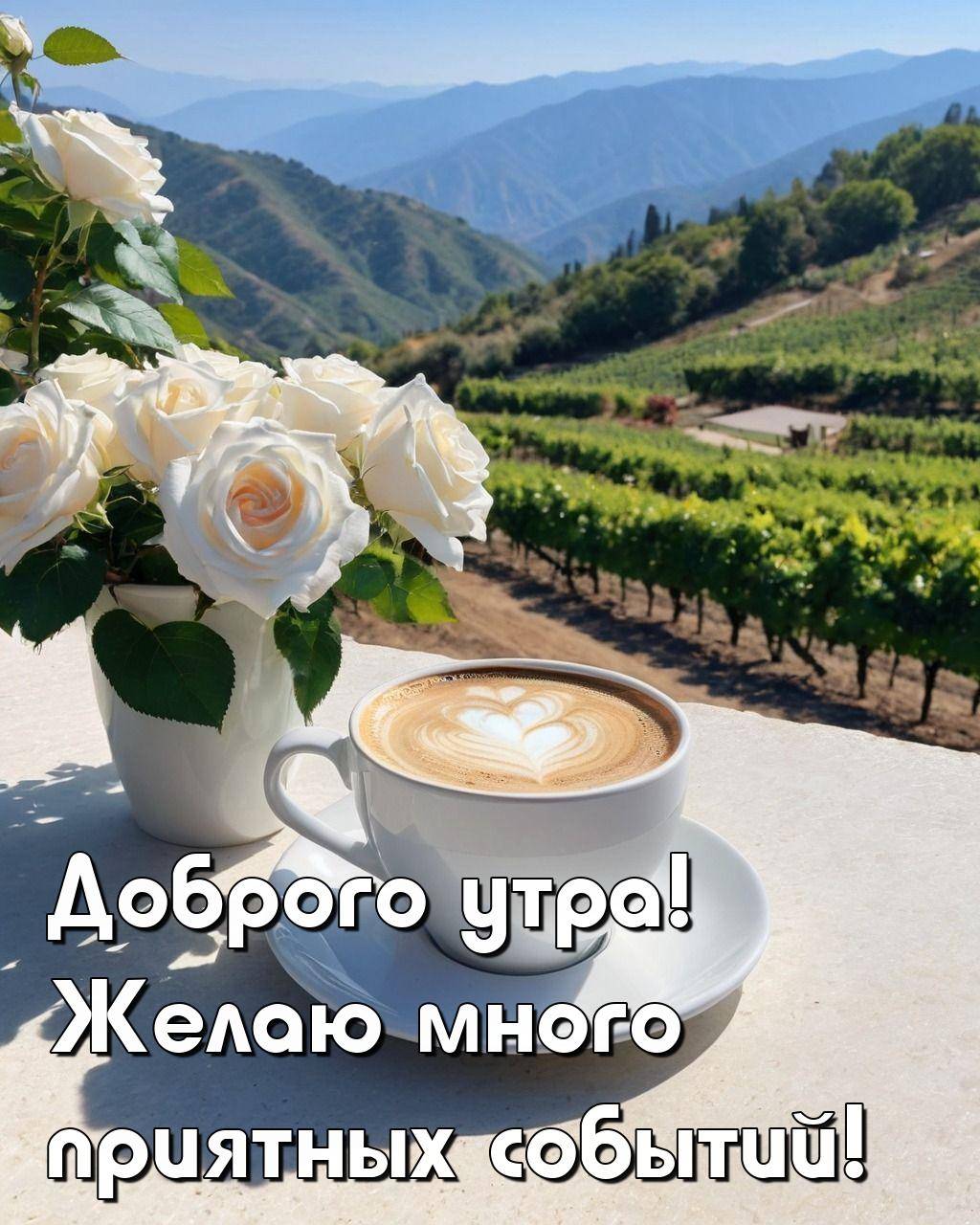 Утро, чашка кофе и чайник с розами на фоне виноградников