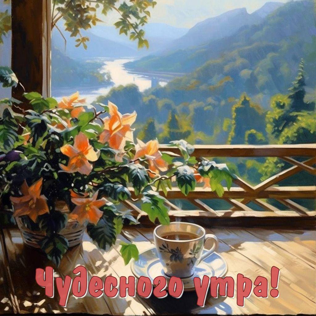 Утро, чашка кофе и горшок с цветами на террасе