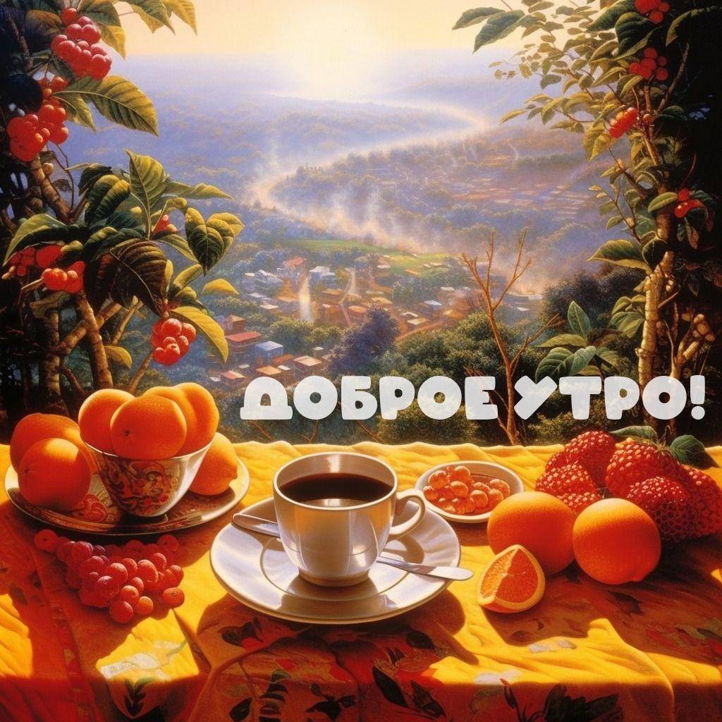 Утро, чашка кофе на столе с фруктами