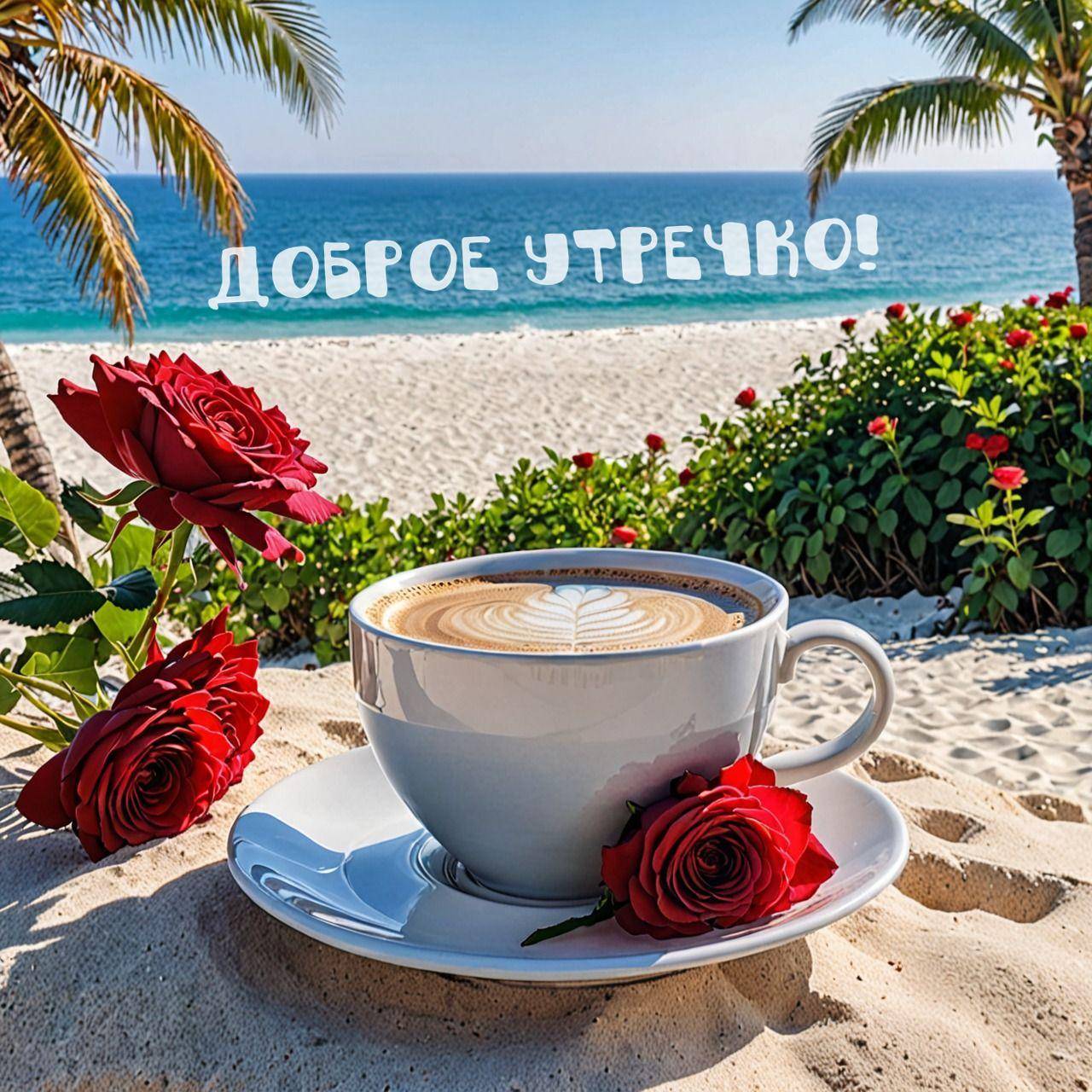 Утро, чашка кофе с узором на пенке, розы и пляж