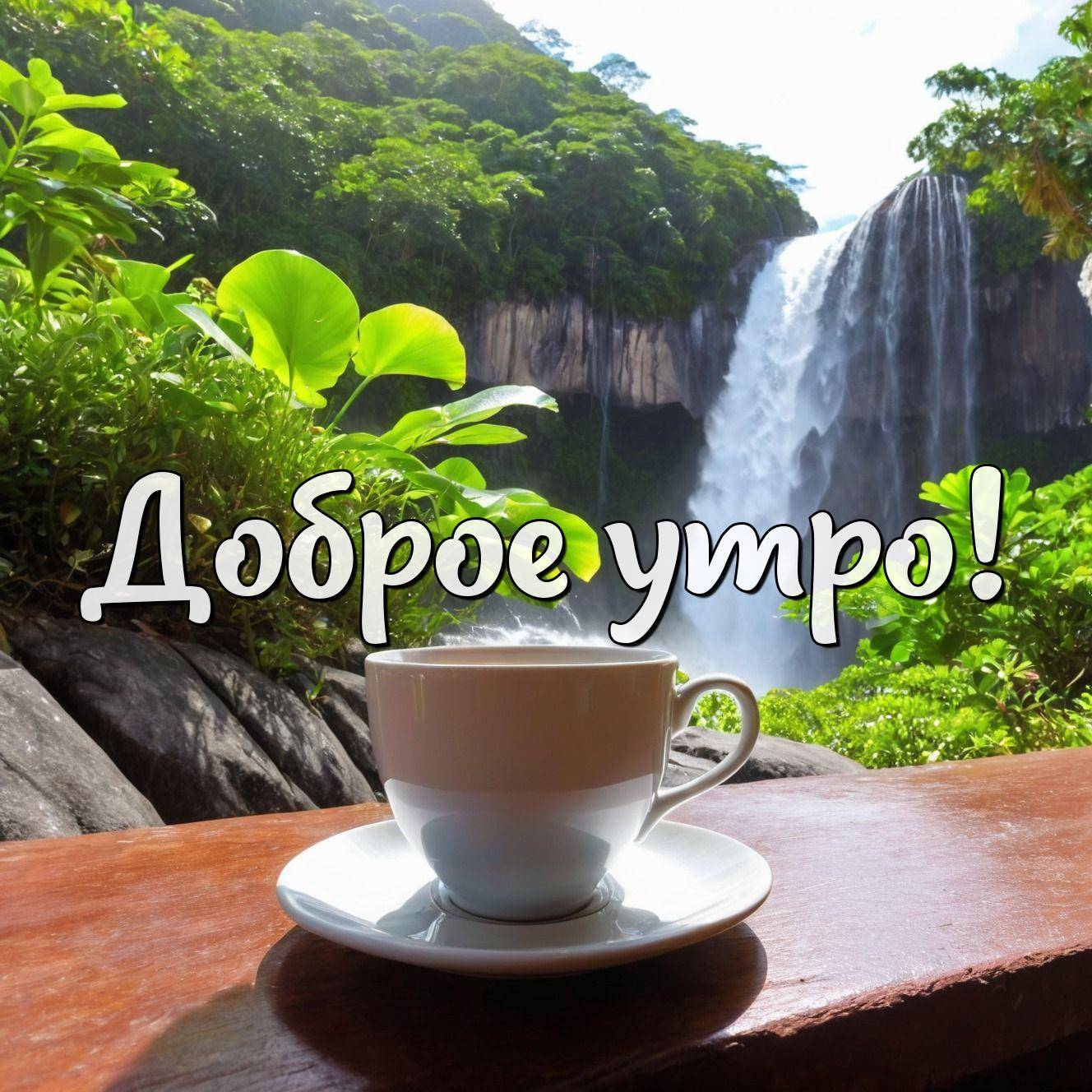 Утро, чашка на фоне водопада и зелени