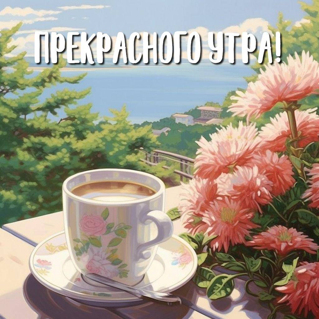 Утро, чашка на террасе с видом на природу