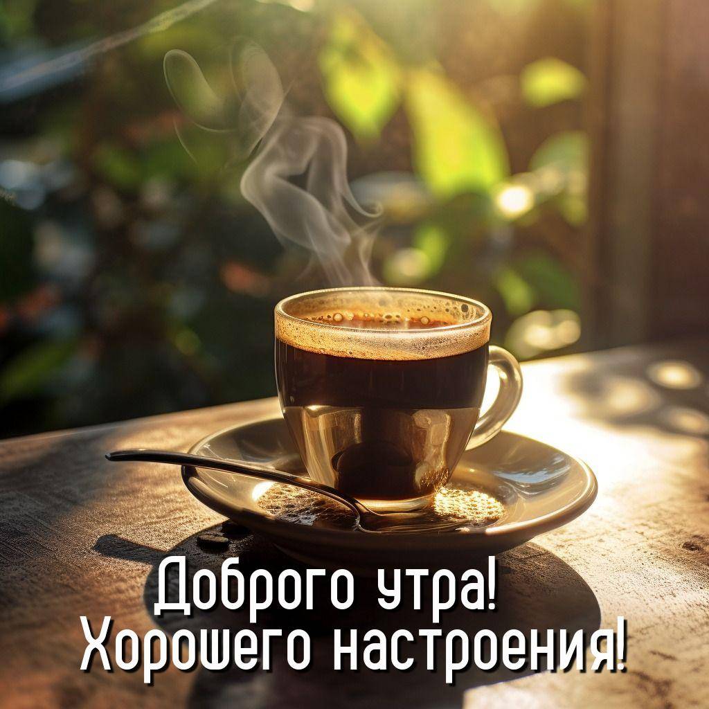 Утро, чашка с горячим кофе на блюдце. Пар и ложечка