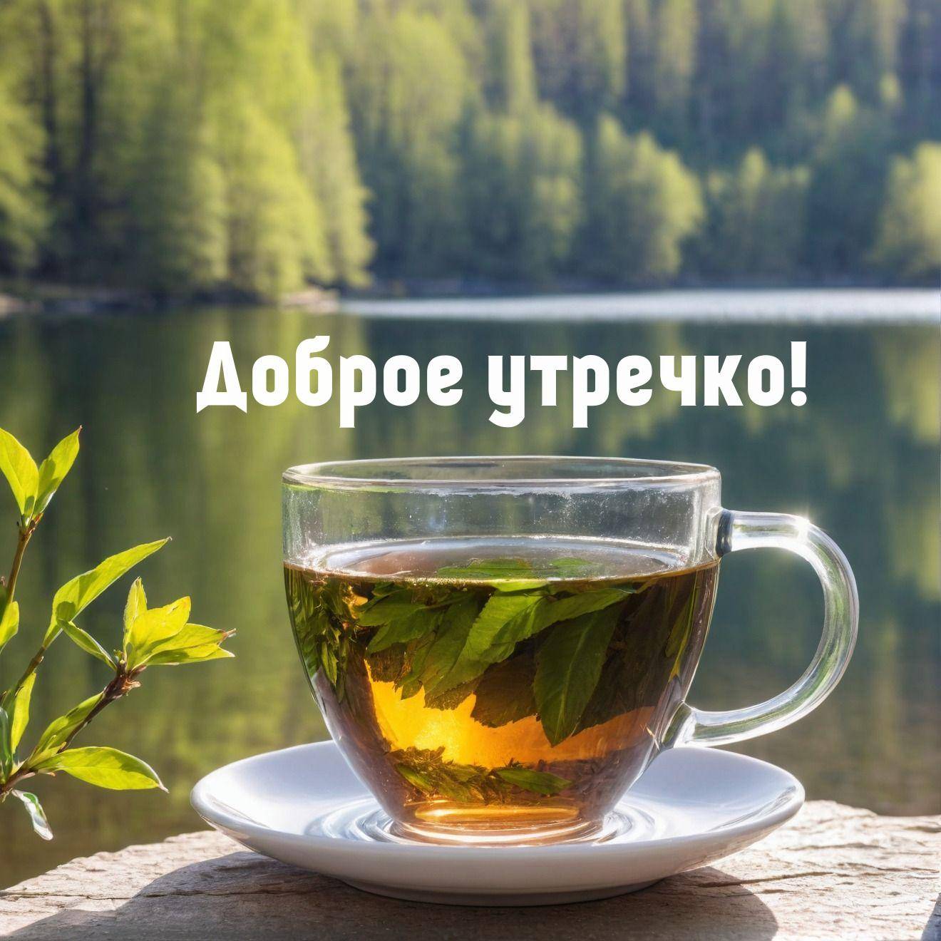 Утро, чашка с мятным чаем у озера