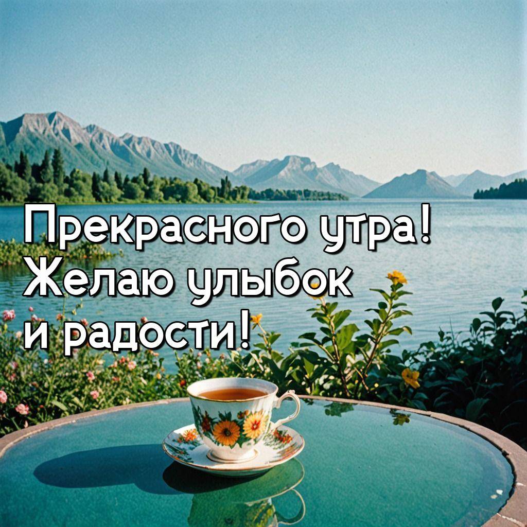 Утро, чашка с напитком и пейзаж озера