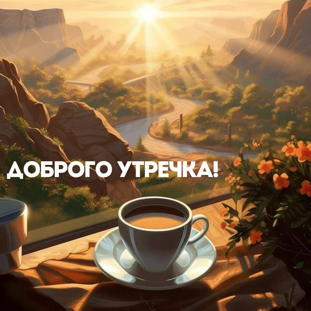 Утро, чашка с напитком на блюдце, цветок и пейзаж