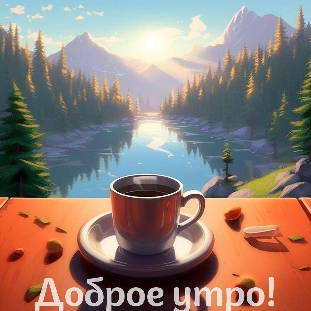 Утро, чашка с напитком на деревянном столе, пейзаж с рекой и лесом