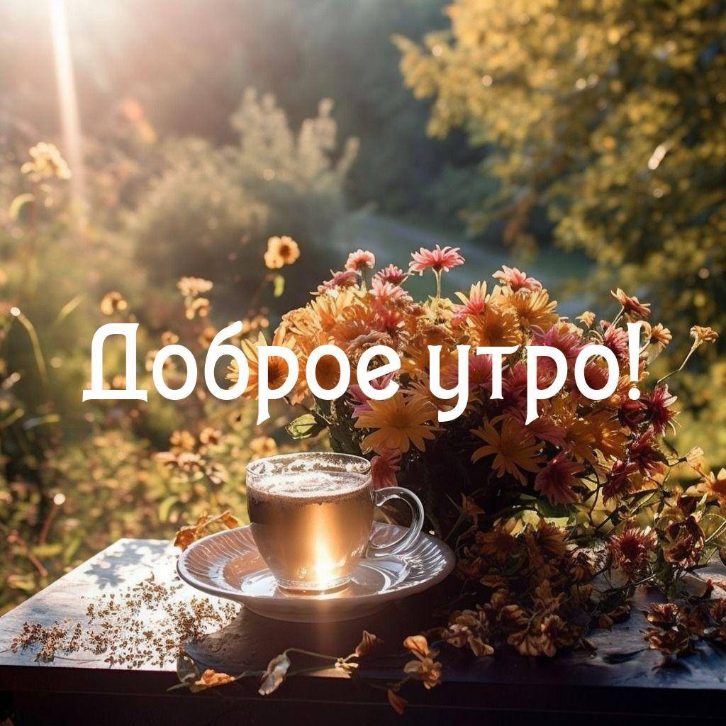 Утро, чашка с напитком на столе рядом с букетом цветов