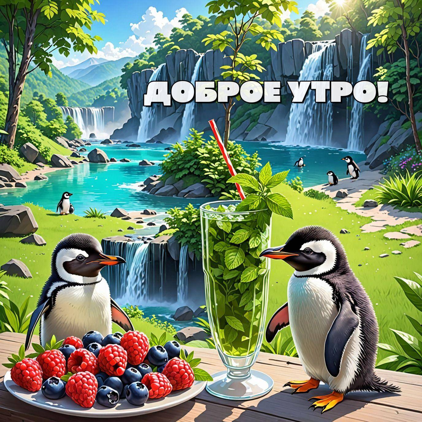 Утро, два пингвина у стакана с напитком и тарелкой ягод