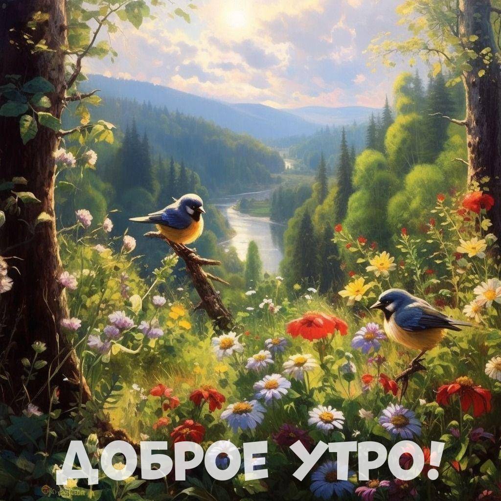Утро, две сине-жёлтые птицы на фоне леса и цветов