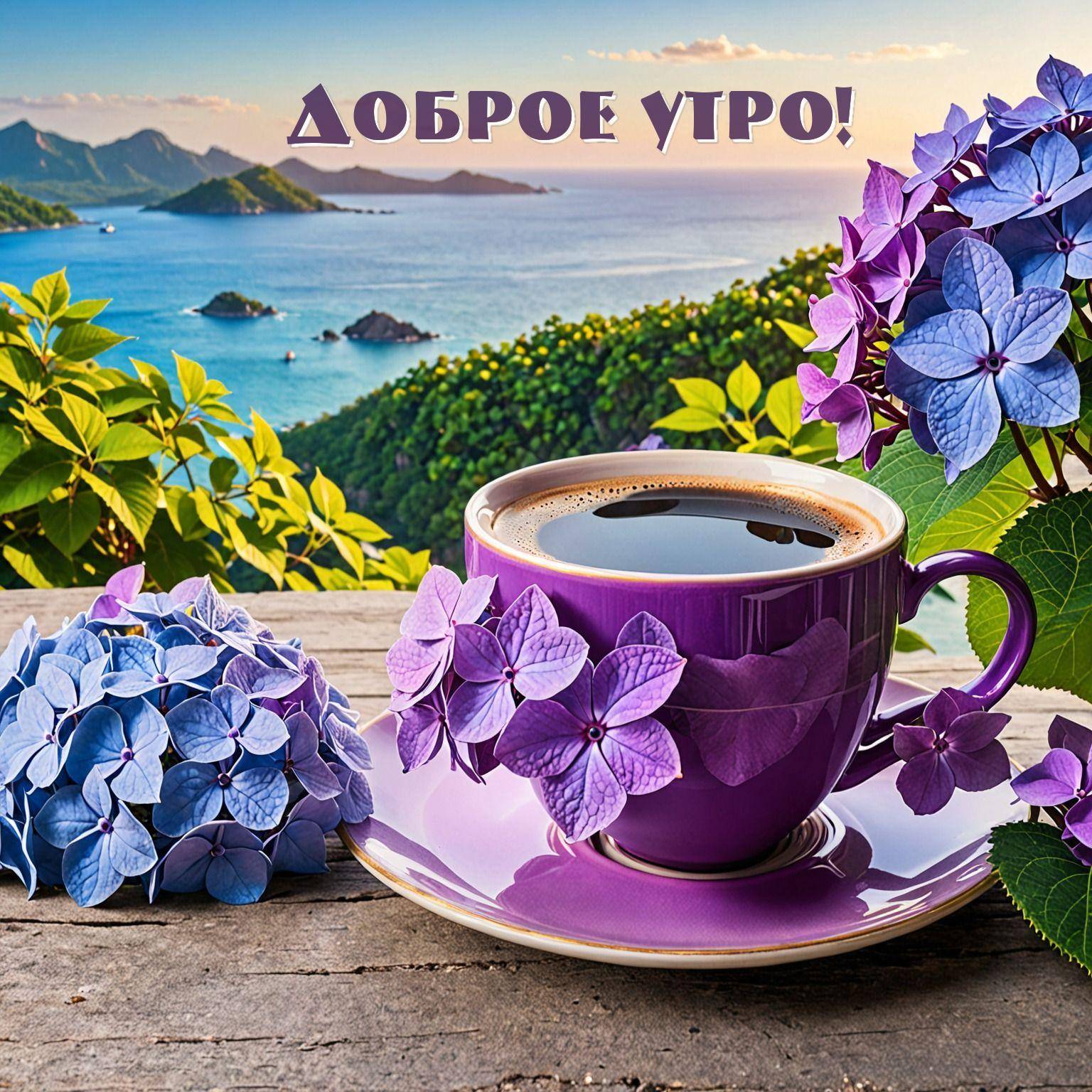 Утро, фиолетовая чашка с кофе и гортензии на фоне моря