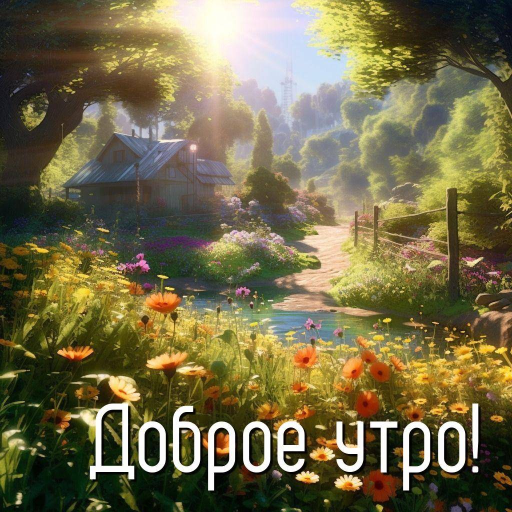 Утро, идиллический пейзаж с садом и цветами у ручья