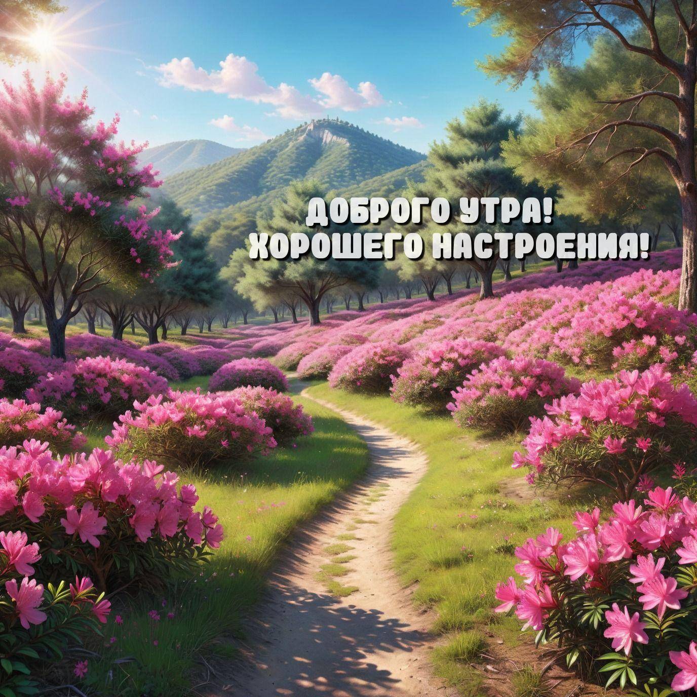 Утро, извилистая тропинка через поле с розовыми цветами