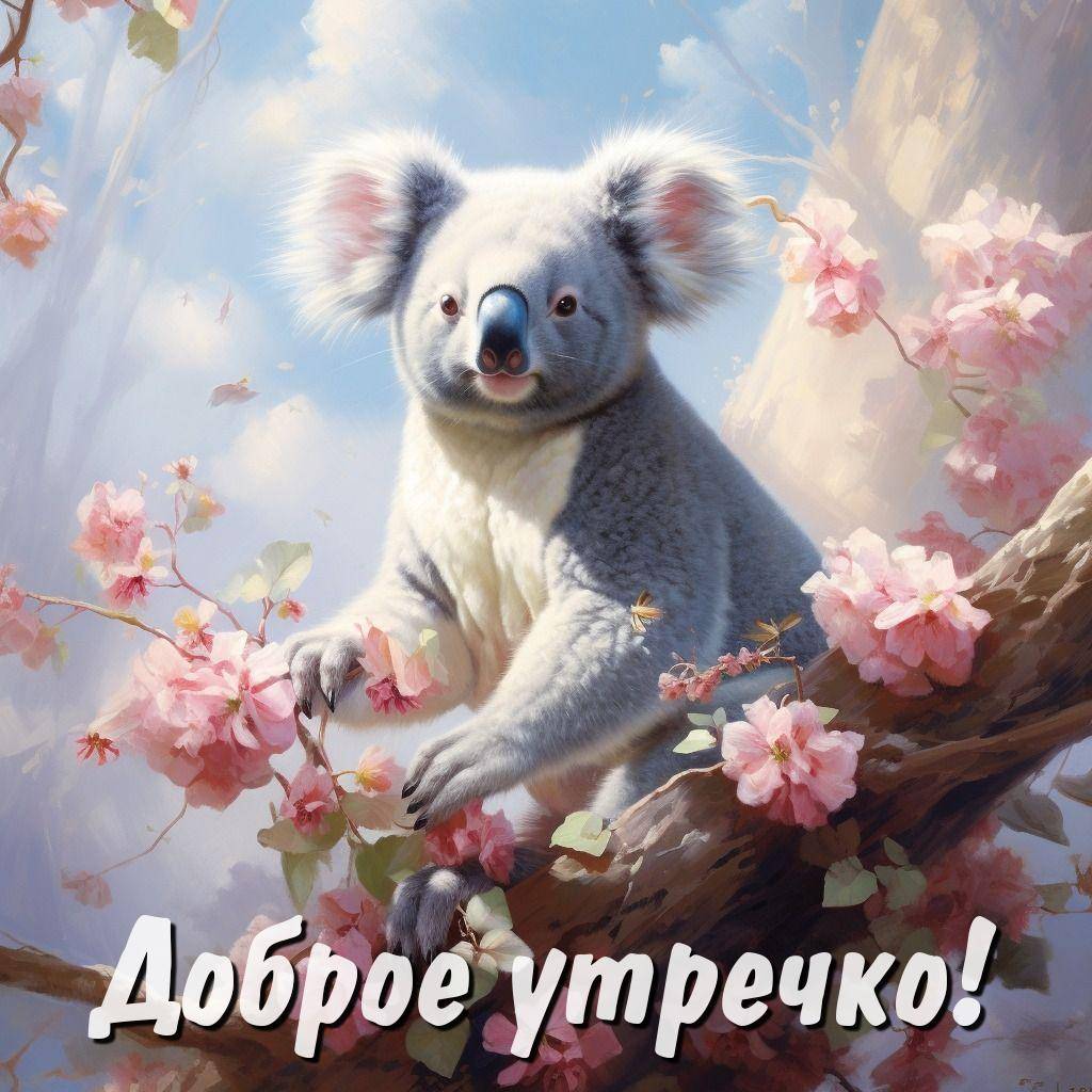 Утро, коала на ветке с розовыми цветами