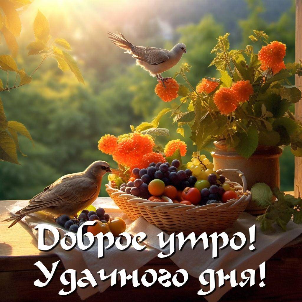 Утро, корзина с фруктами и птицами на столе