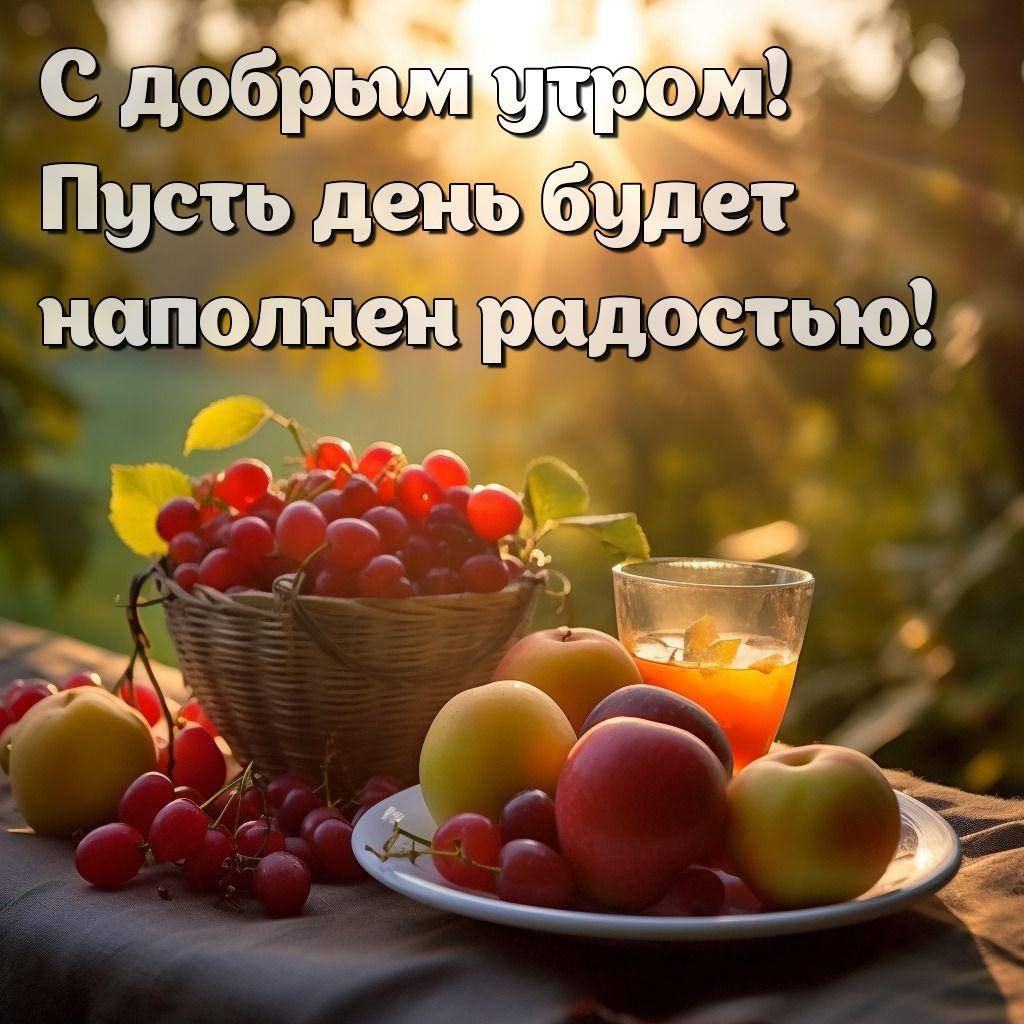 Утро, корзина с вишнями и яблоками на столе