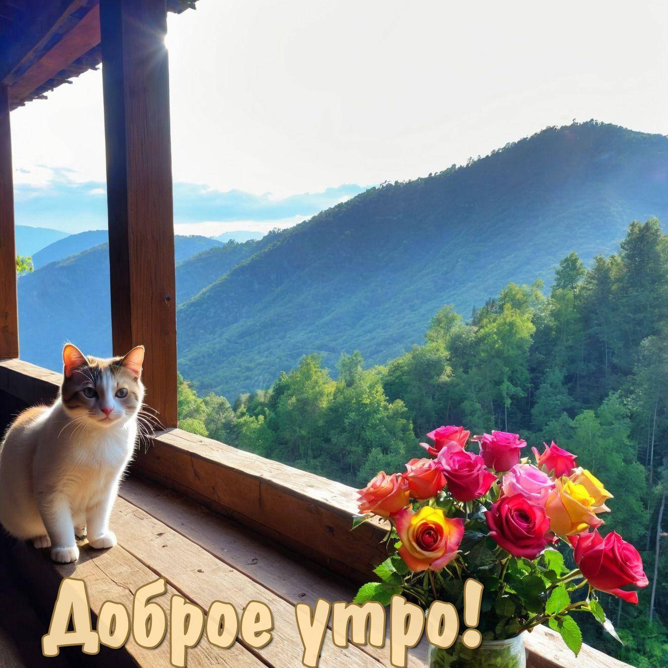Утро, кошка на террасе с вазой роз на фоне гор