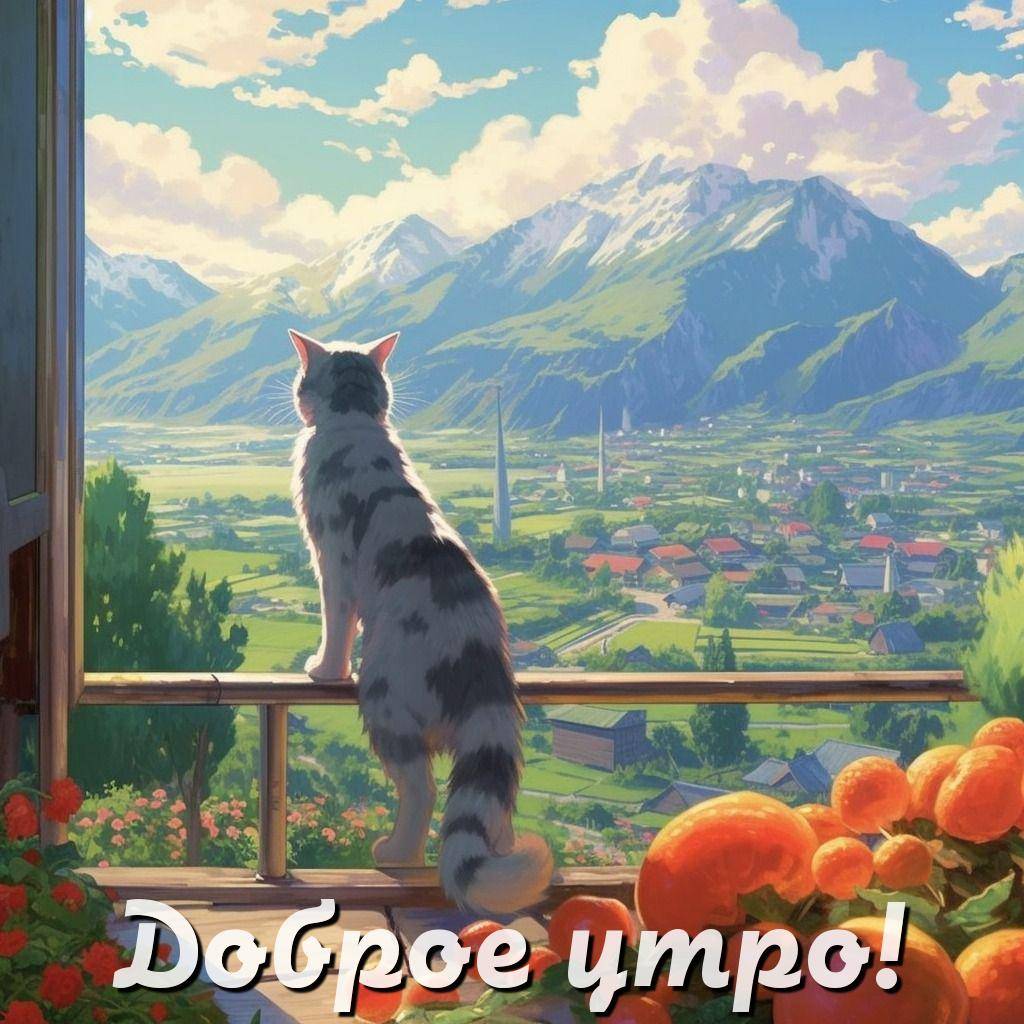 Утро, кот на террасе, смотрящий на долину и горы
