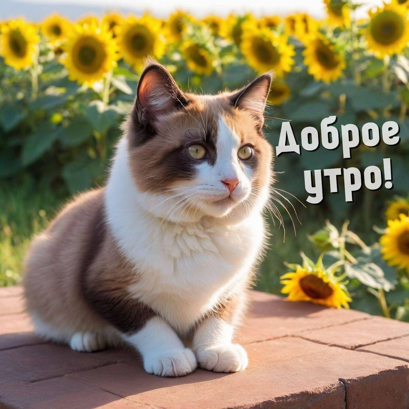 Утро, кот с бело-коричневой шерстью на камне