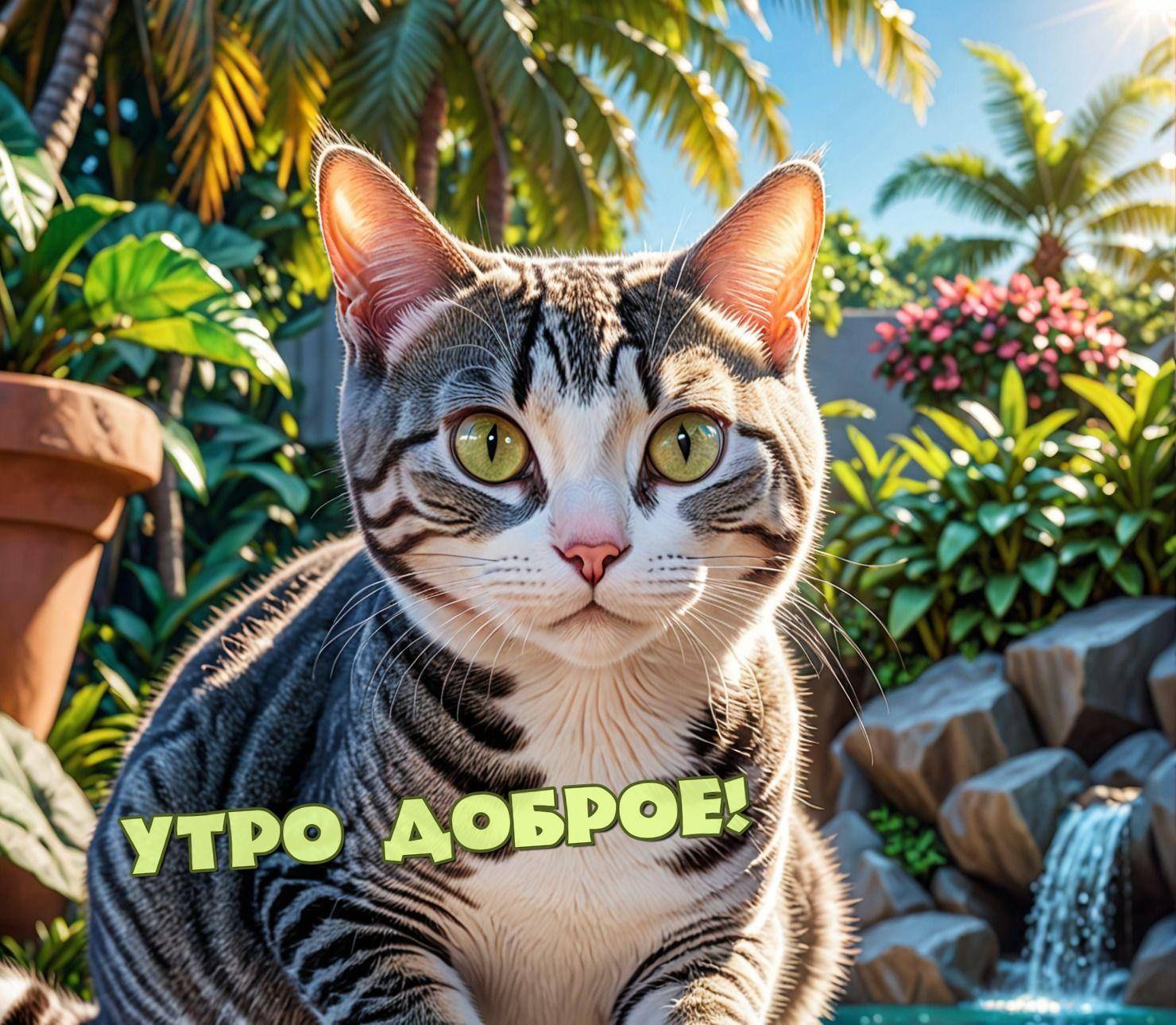 Утро, кот с полосками на фоне тропического сада