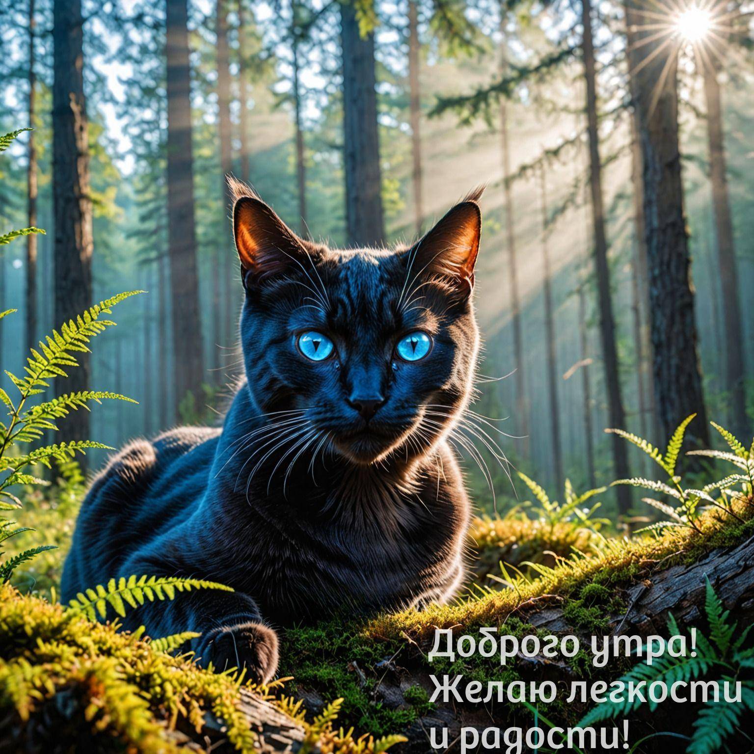 Утро, кот с ярко-голубыми глазами лежит на мху в лесу