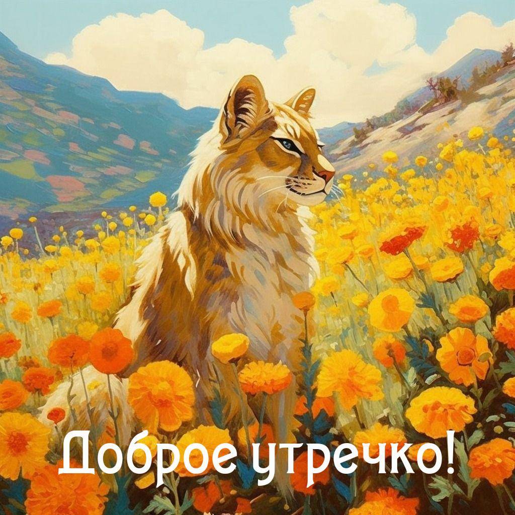Утро, кот в поле с цветами, горы и ясное небо