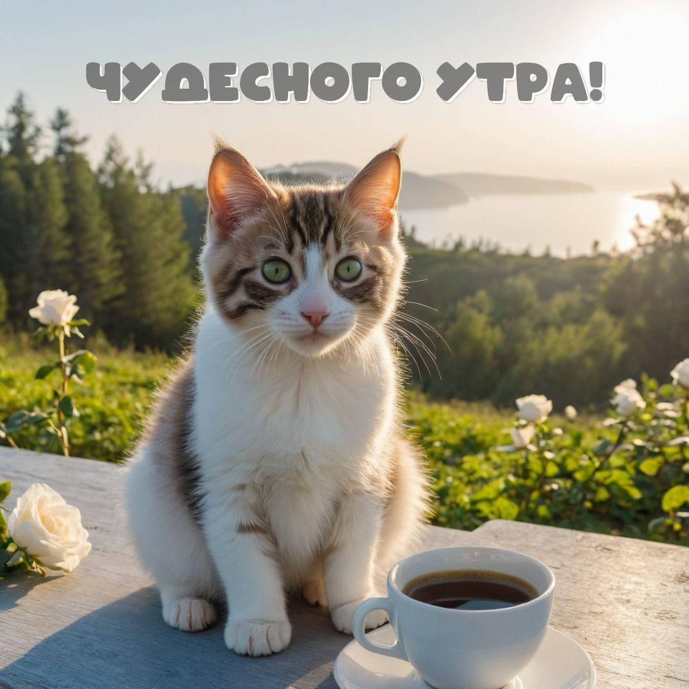 Утро, котенок на столе с кофе и розами на фоне природы