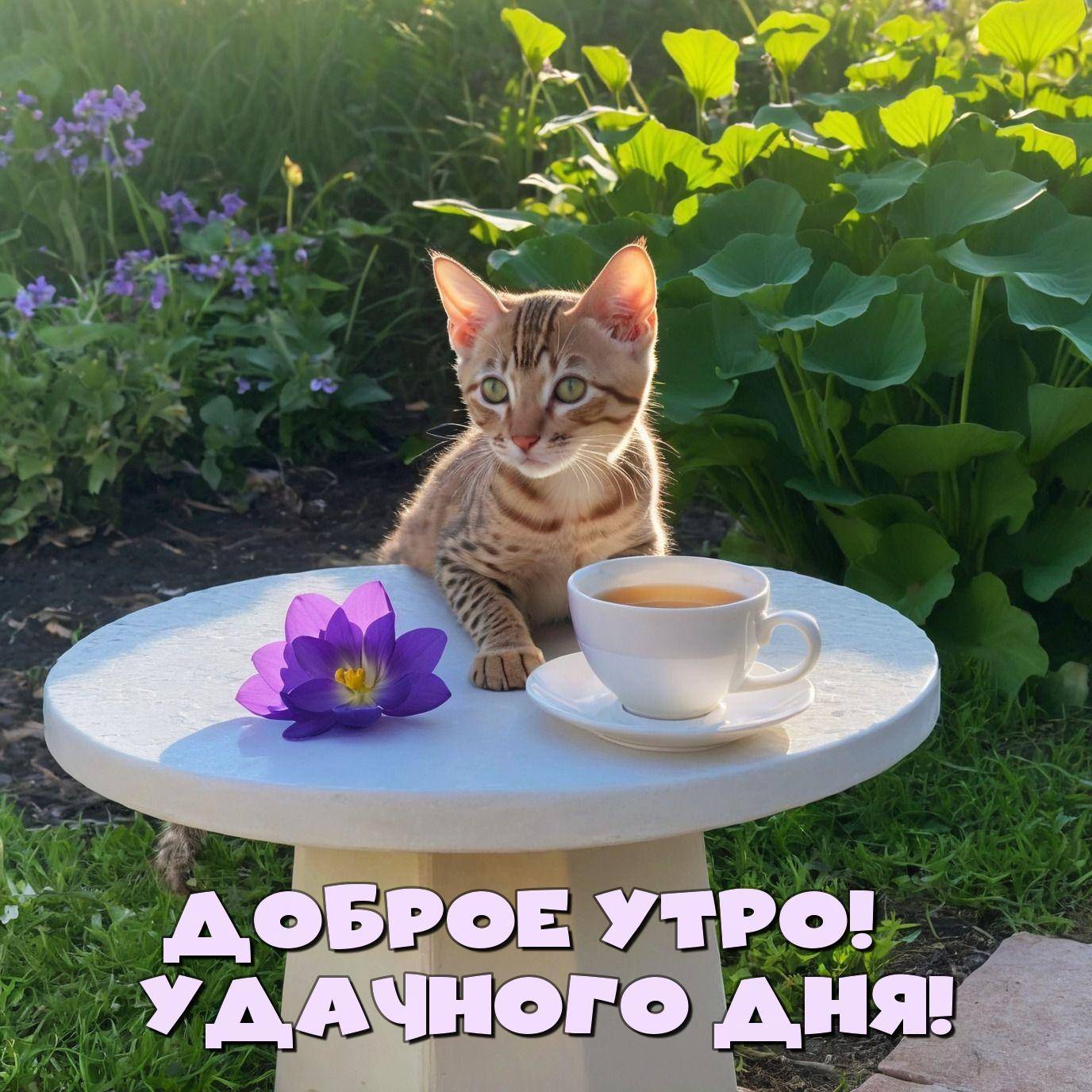 Утро, котёнок с чашкой на столе, растения и цветок