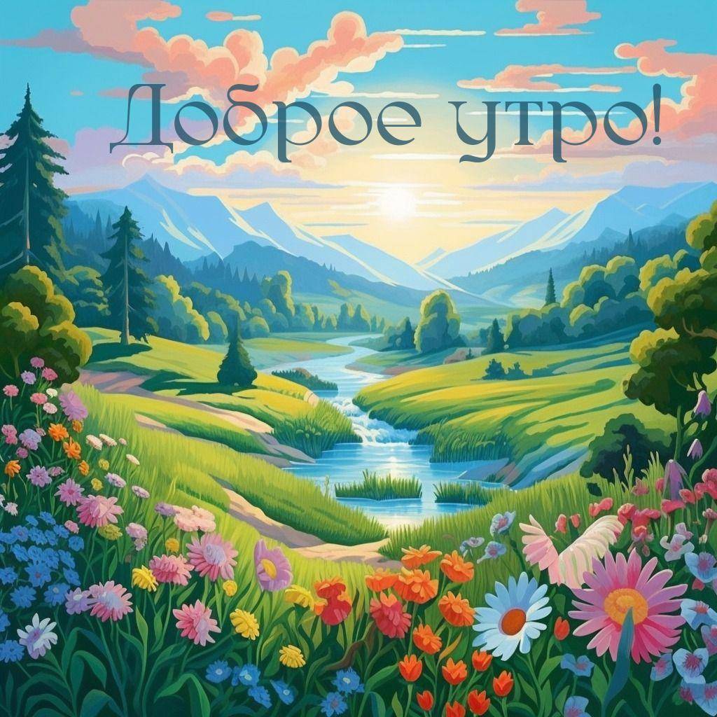 Утро, красивая природа с рекой и цветником