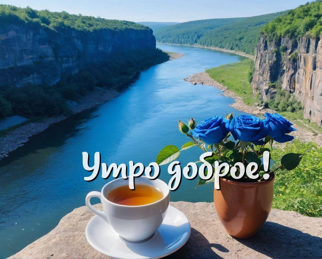 Утро, красивая река между скалами и чашка чая